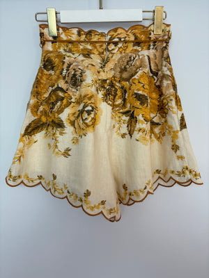 Zimmermann Cream, Brown and Yellow Antique Floral High-Waisted Linen Shorts Size 0 (UK 8)