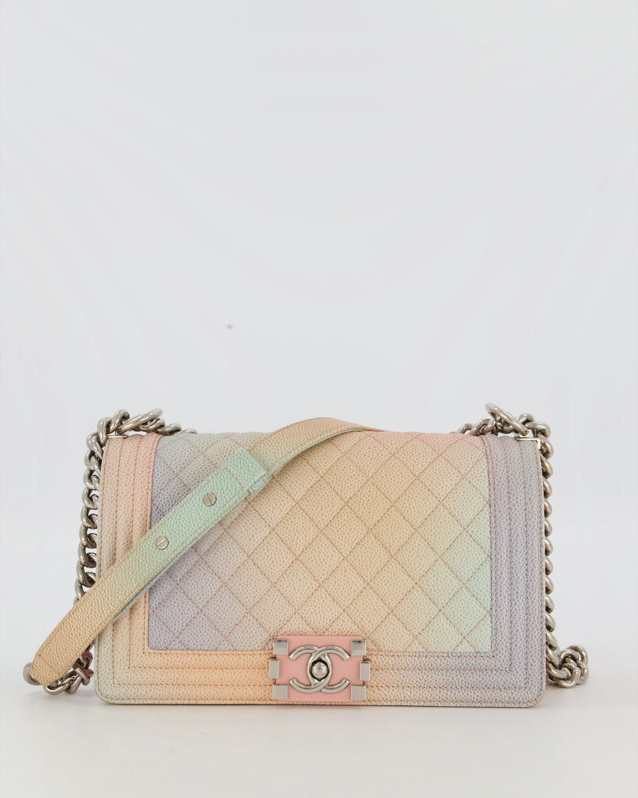 Chanel Medium Boy Bag in Patel Rainbow Caviar Leather with Silver and Pink Enamel Hardware