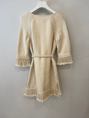 Chanel Cream Long-Sleeve Belted Mini Dress with Pockets and Tassel Details Size FR 38 (UK 10)