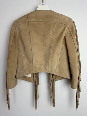 Balmain Camel Beige Suede Jacket with Fringes & Gold Zip Details Size FR 36 (UK 8)
