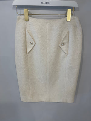 Chanel 20S Cream Tweed Midi Skirt with Pearl CC Logo Details and Pockets Size FR 34 (UK 6)