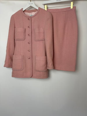 Chanel 93C Pink Tweed Skirt and Jacket Set with Logo Buttons and Pocket Detail FR 38 (UK 10)