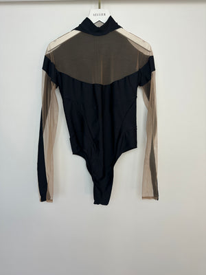 Mugler Black & Nude Mesh Mid-Neck Long Sleeve Bodysuit Size FR 36 (UK 8)