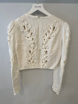 Zimmermann White Linen Long Sleeved Top with Embroideries and Bead Details Size 1 (UK 10)