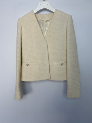 Gucci Current Season Cream Wool Boucle-Tweed Mini Skirt and Blazer Jacket Set With Silver Logo Detail Size IT 38 (UK 6) RRP 3120£