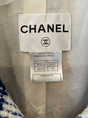 Chanel Blue and Multicolour Tweed Jacket With Black Logo Buttons and Satin Bow Details Size FR 38 (UK 10)