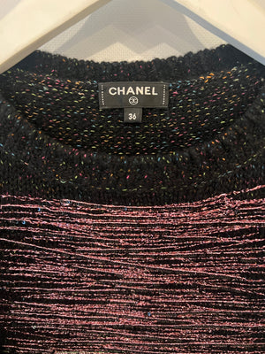 Chanel Fall 2017 Black and Multi-Colour Wool Knit Jumper with Metallic and Sequin Embellished Embroidery with Silver CC Logo Button Detail Size FR 36 (UK 8)