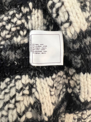 Chanel Grey and White Wool Long Knitted Coat with CC Belt and "Gabrielle Coco" Embroidery with Logo Buttons Size FR 34 (UK 6)