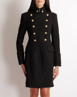 Balmain Black Wool Double Breasted Coat with Gold Buttons Size FR 38 (UK 10)