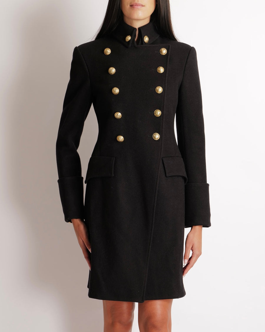 Balmain Black Wool Double Breasted Coat with Gold Buttons Size FR 38 (UK 10)