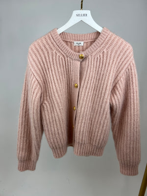 Céline Light Pink Mohair Knitted Cardigan with Gold Button Detail Size S (UK 8)