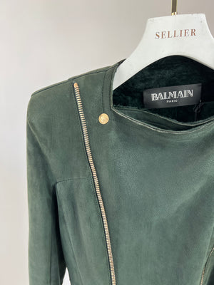 Balmain Green Leather Lambskin Biker Jacket with Gold Buttons & Shoulder Pad Detail Size FR 38 (UK 10)