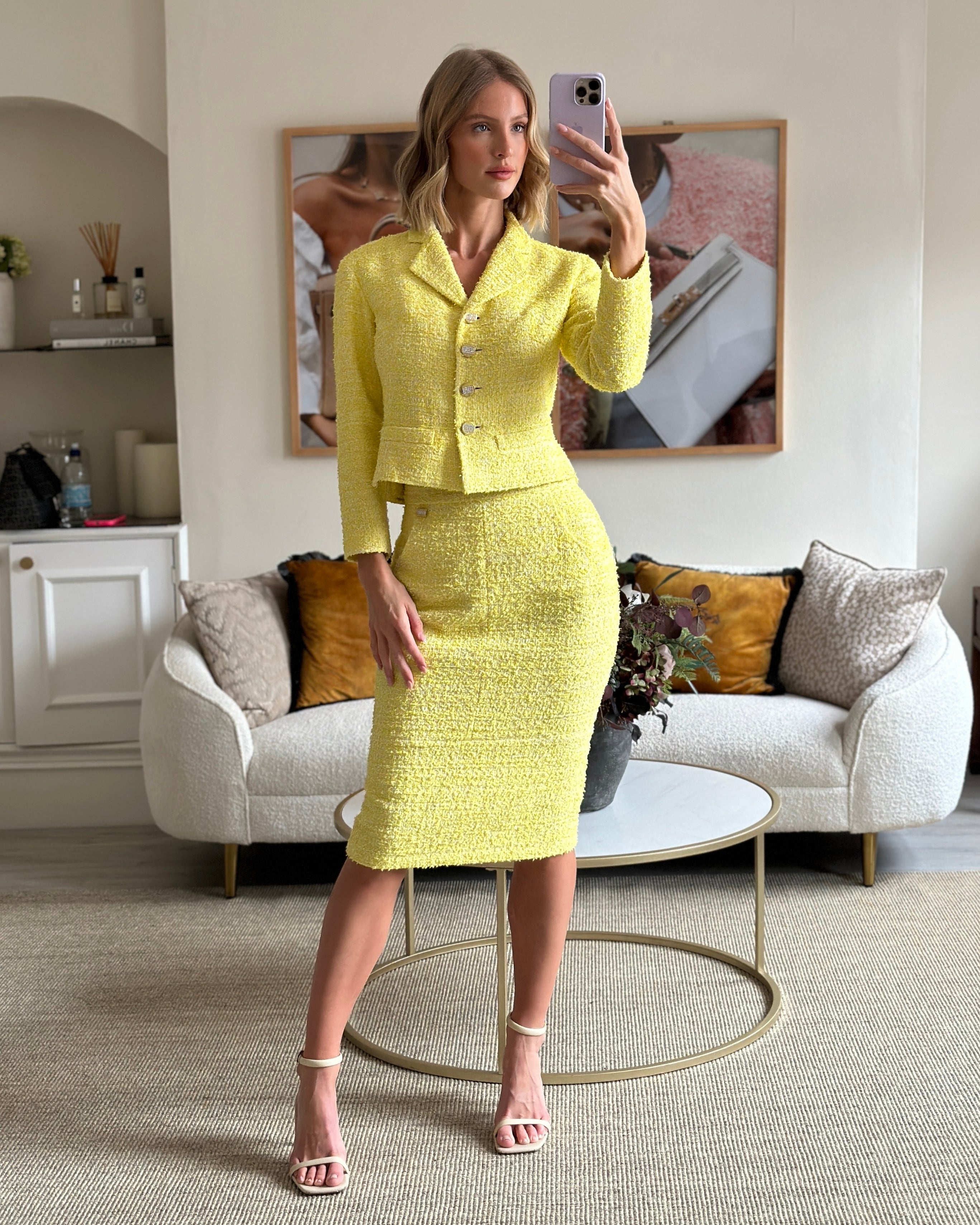 Chanel Pink Yellow Tweed Skirt Suit