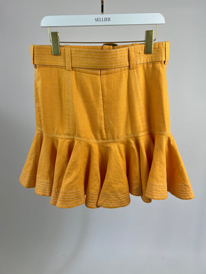 Zimmermann Yellow Linen Ruffle Belted Mini Skirt with Pocket Detail Size 3 (UK 14)