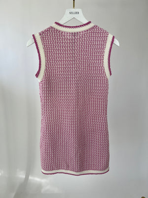 Chanel Pink and White Trim Crochet Dress with Pocket Detail and Embellished Button Size FR 36 (UK 8)