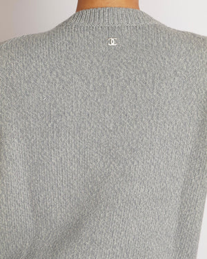 Chanel Grey Cashmere Knitted Jumper with Multi-Colour Crystal Embellished CC Logo Size FR 38 (UK 10)