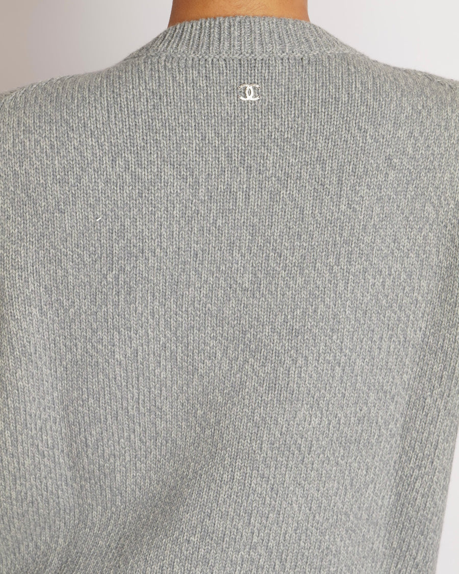 Chanel Grey Cashmere Knitted Jumper with Multi-Colour Crystal Embellished CC Logo Size FR 38 (UK 10)