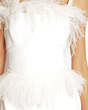 Elie Saab White Long Gown with Asymmetric Straps and Ostrich Feather Trims Size FR 40 (UK 12)