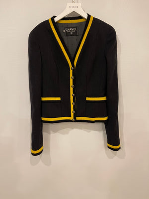 *HOT* Chanel 1994 Vintage Black and Yellow Wool Jacket & Midi Skirt Set with CC Logo Button Details Size FR 40 (UK 12)
