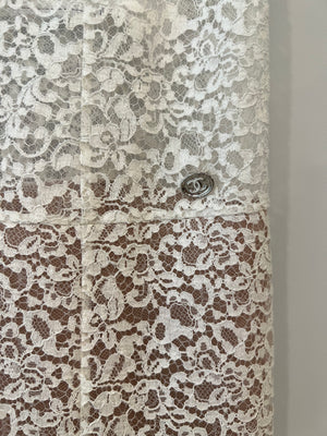 Chanel Métiers d'Art 2023 White Lace Asymmetric Midi Dress with Silver CC Logo Detail Size FR 36 (UK 8)