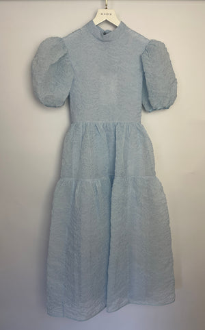 Cecilie Bahnsen Blue Kelly Midi Dress with Puff Sleeve Detail Size UK 8