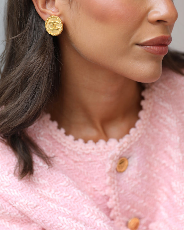 Chanel 93A Vintage Gold Textured Round Clip-On Earrings with CC Logo Detail