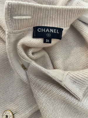 Chanel Beige Cashmere Cardigan with Gold and White Keyhole CC Buttons Size FR 36 (UK 8)