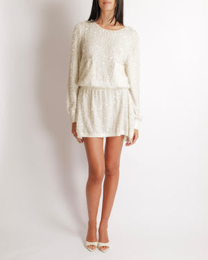 Chanel Cream Angora Wool Sequin Embellished Mini Dress with Metallic Waistband Detail and White and Silver CC Logo Buttons Size FR 38 (UK 10)
