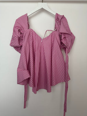 Caroline Constas Pink and White Stripe Off-Shoulder Cotton Top With Corset Detail Size S (UK 8)
