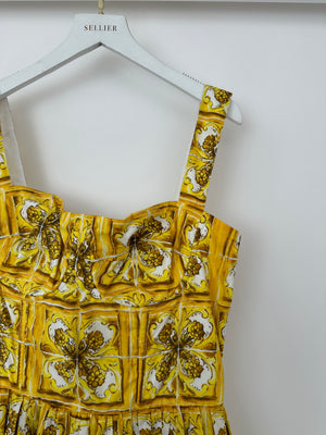 Dolce & Gabbana Yellow Majolica Print Midi Dress with Pleat Detail Size IT 44 (UK 12)