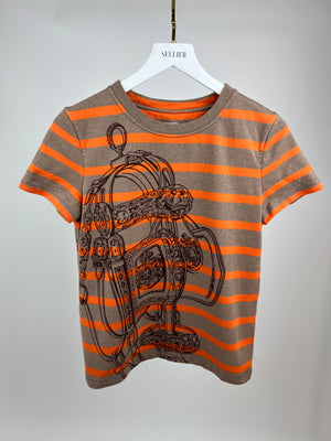 Hermes Orange and Brown Stripe Cotton T-Shirt with Print FR 36 (UK 8)
