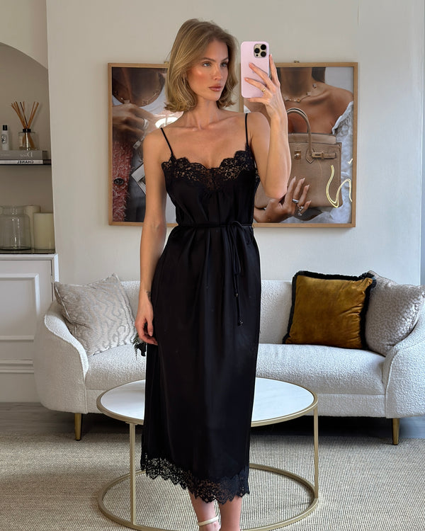 Zimmermann Black Lace Panel Slip Midi Dress with Tie Waist Detail Size 1 (UK 10)
