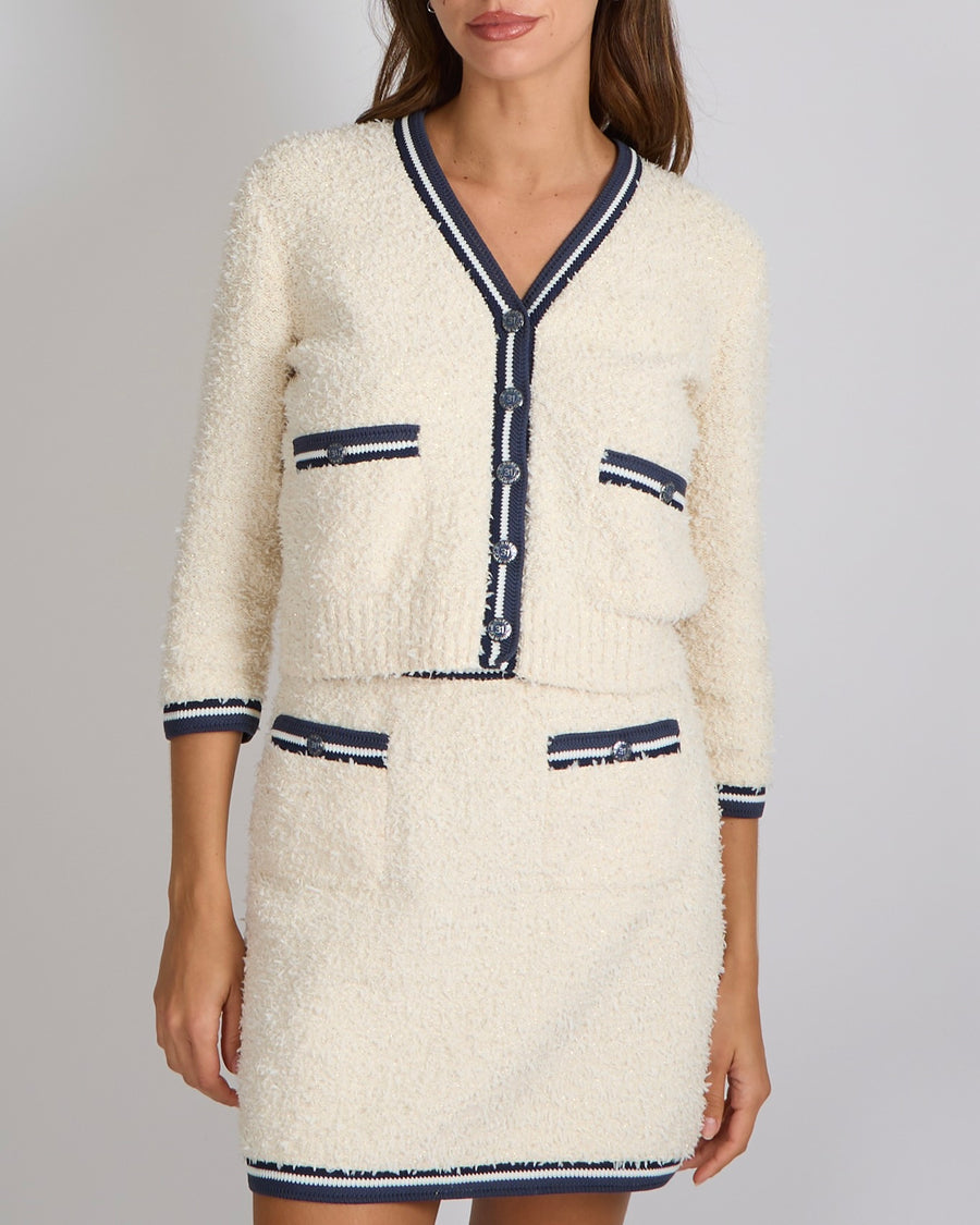 Chanel Spring 2019 Cream Fantasy Tweed Cardigan with Navy Trim Details and 31 Cambon Buttons Size FR 38 (UK 10)