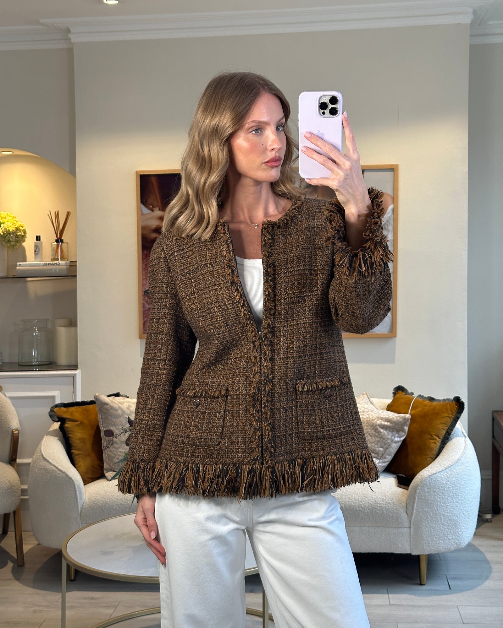 Chanel Brown, Black Checked Tweed Jacket with Frilled Hem and Cuff