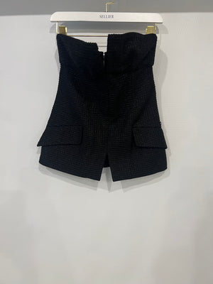 Chanel Black Shimmery Sleeveless Tweed Bustier Top with Silver CC Logo Button Size FR 34 (UK 6)