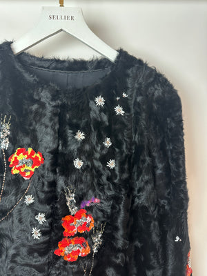 Valentino Black Shearling Long Sleeve Coat with Floral Sequin Embellishments IT 40 (UK 8)