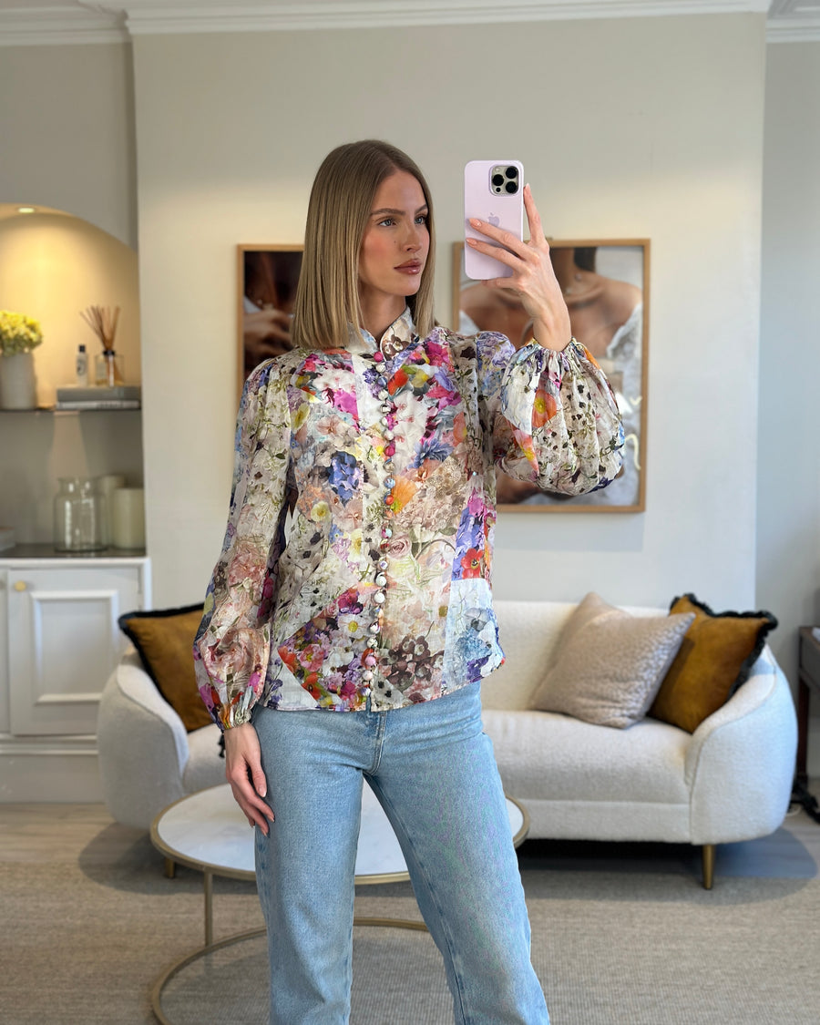 Zimmermann Multicoloured Floral Long Sleeve Shirt with Button Detail FR 38 (UK 10)