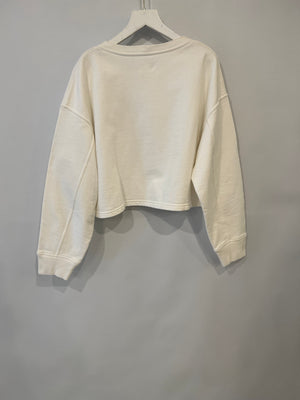 Chanel Fall 2020 White Cropped Sweater Top with Black and Gold Tweed Flower Detail with Gold CC Logo Size M (UK 10)