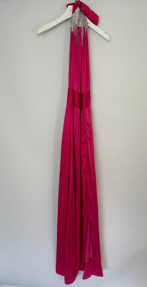 Harmur Silk Fuchsia Maxi Dress with Crystal Neck Detail Size S (UK 8)