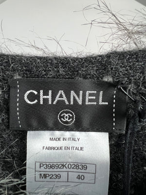 Chanel Charcoal Faux Fur Trimmed Long Sleeve Cardigan with CC Zip and Pocket Detail FR 40 (UK 12)