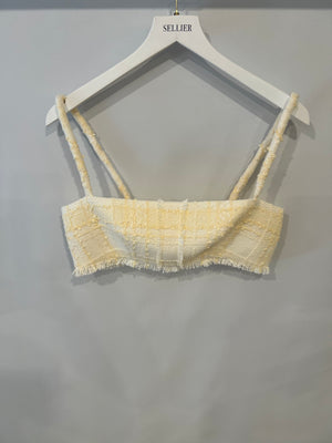 Alexis Cream and Butter Yellow Tweed Cropped Top with Fringe Trim Detail Size M (UK 10)