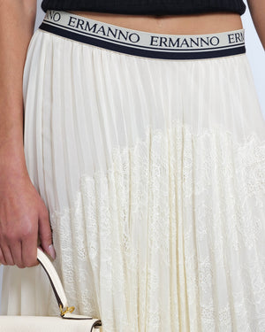 Ermanno Scervino Cream Pleated Maxi Skirt with Lace Details and Navy Logo Waistband Size IT 44 (UK 12)