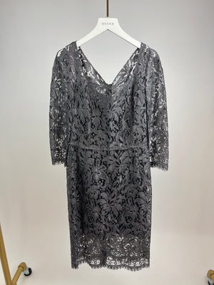 Dolce Gabbana Grey, Silver Lace Long-Sleeve Midi Dress with Slip Size IT 42 (UK 10)