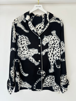 Olivia Von Halle Black & White Leopard Pattern Two-Piece Shirt and Trouser Set Size M (UK 10)