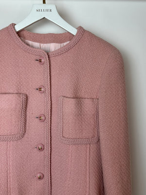 Chanel 93C Pink Tweed Skirt and Jacket Set with Logo Buttons and Pocket Detail FR 38 (UK 10)
