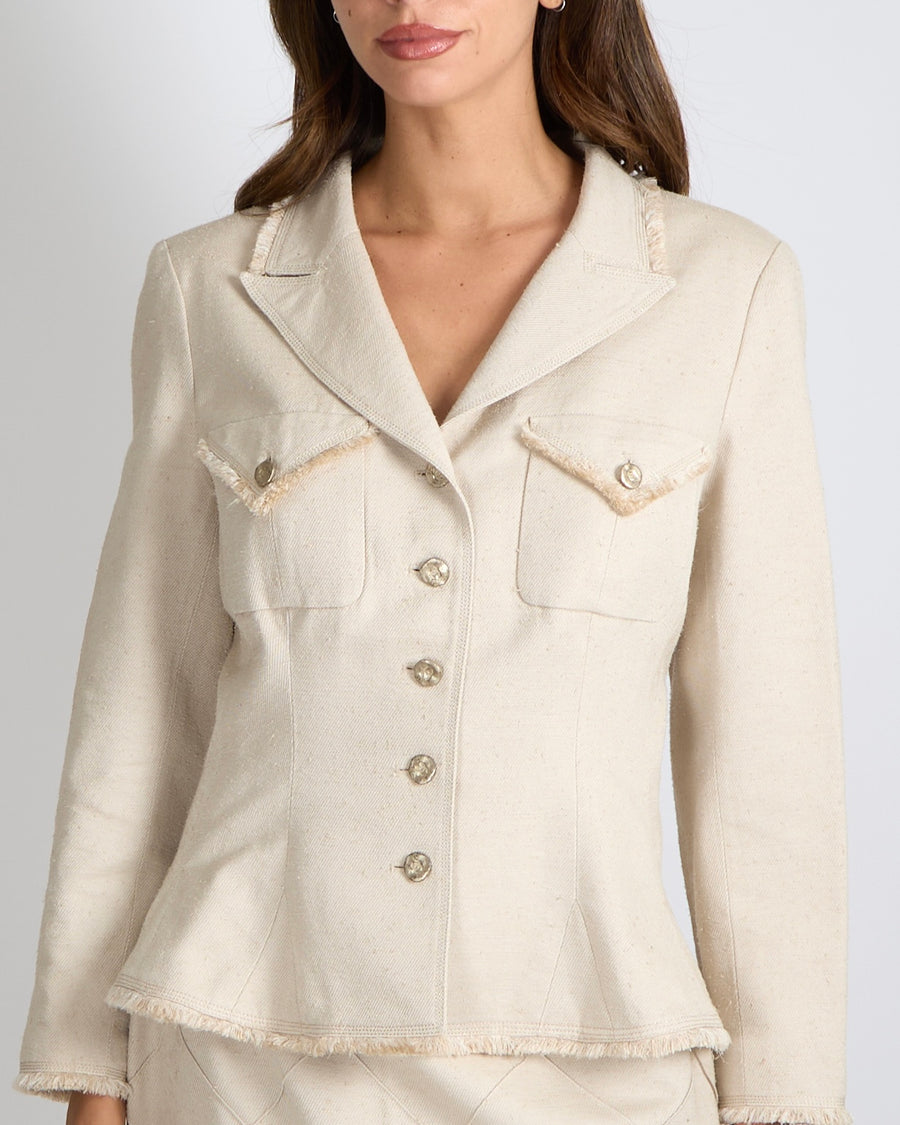 Chanel Spring 2006 Beige Silk Jacket and Skirt Set with Gold CC Logo Buttons Size FR 42 (UK 14)