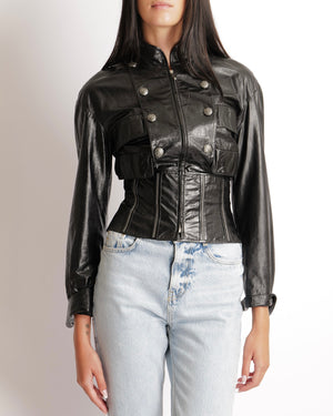 Chanel Black Distressed Leather Jacket with Silver Zippers Stitch Details and Silver Textured CC Logo Buttons Size FR 36 (UK 8)