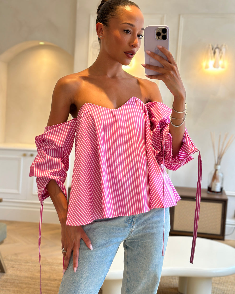 Caroline Constas Pink and White Stripe Off-Shoulder Cotton Top With Corset Detail Size S (UK 8)