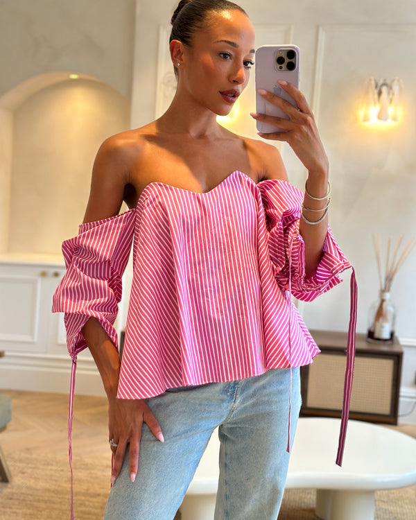 Caroline Constas Pink and White Stripe Off-Shoulder Cotton Top With Corset Detail Size S (UK 8)