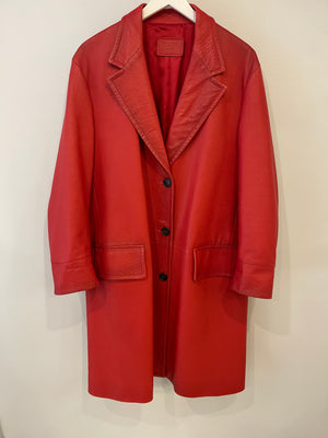 Prada Red Lambskin Leather Coat with Black Button Details Size IT 42 (UK 10)